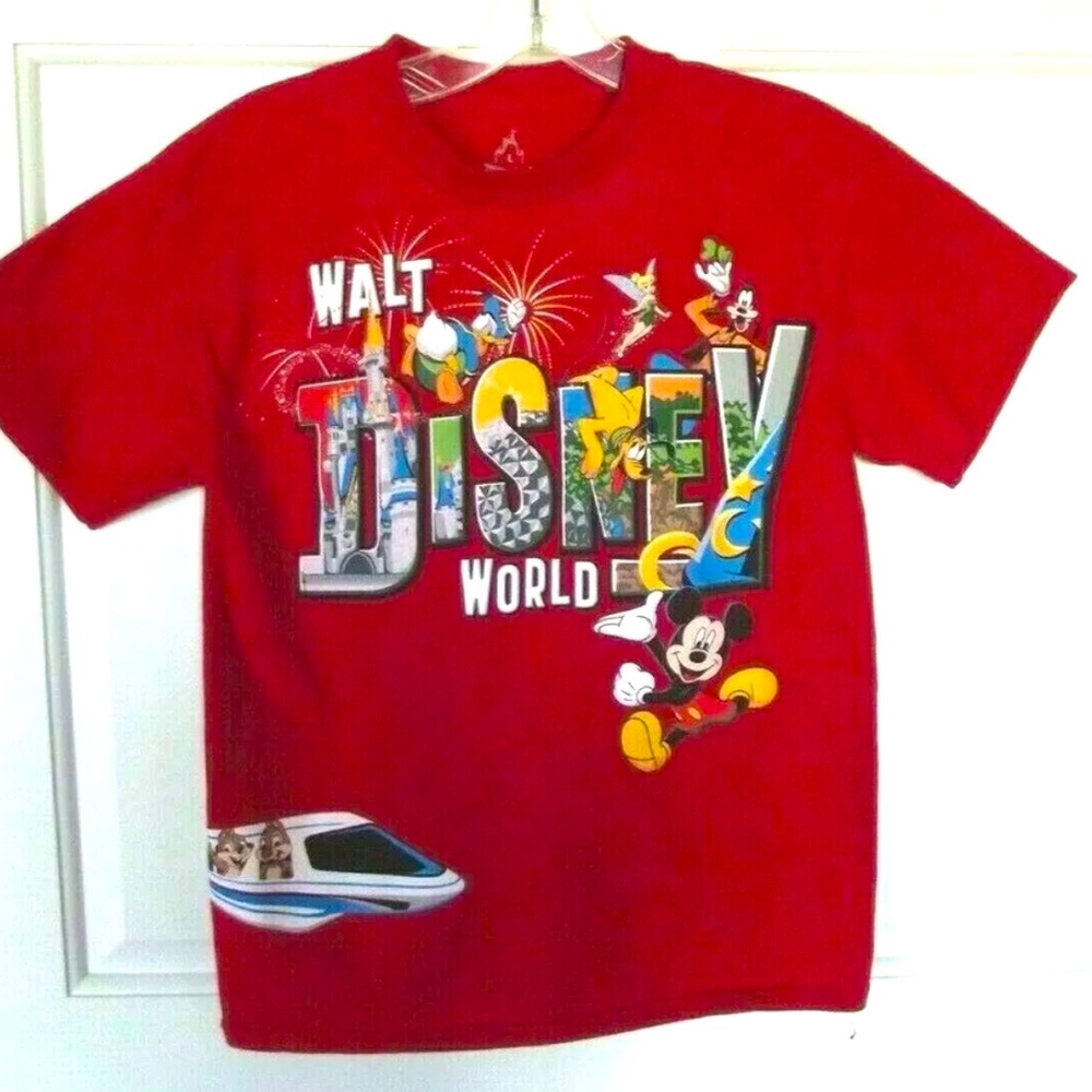 Walt Disney World RED T SHIRT Disneyland Hanes Mickey Tinkerbell Pluto Daffy LRG
